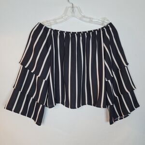 Vintage Havana XL Black White Stripe Crop Top On/Off Shoulder Tiered Bell Sleeve